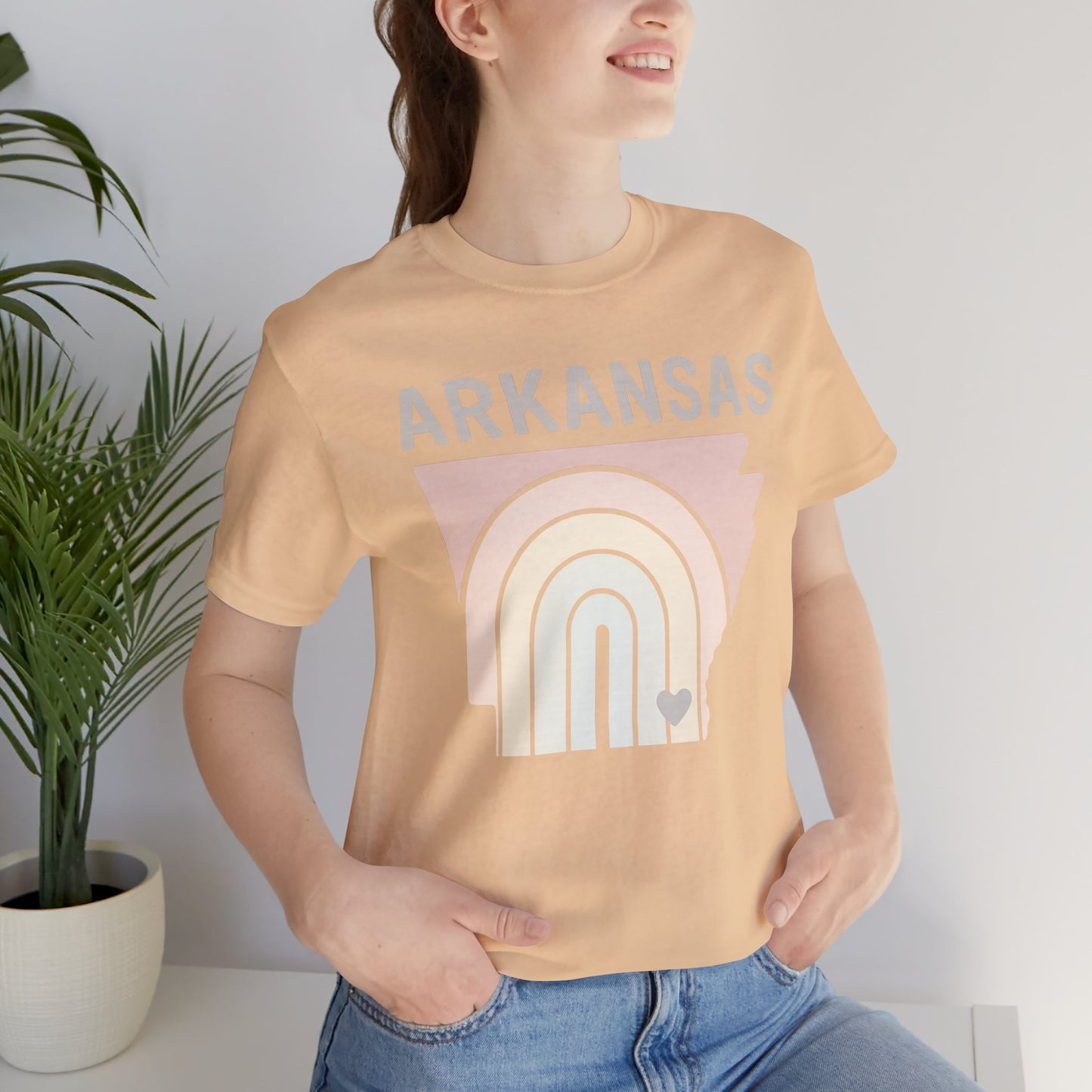 Pastel Arkansas Rainbow Tee- Bella + Canvas 3001 | Soft Southern Graphic T-Shirt | Arkansas Girl Unisex Short Sleeve Tee, Cute Southern T-Shirt, Casual Wear, Gifts for Her, Arkansas Pride Shirt, Summer Style