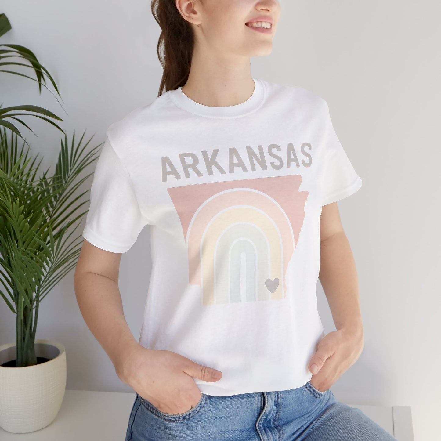 Pastel Arkansas Rainbow Tee- Bella + Canvas 3001 | Soft Southern Graphic T-Shirt | Arkansas Girl Unisex Short Sleeve Tee, Cute Southern T-Shirt, Casual Wear, Gifts for Her, Arkansas Pride Shirt, Summer Style