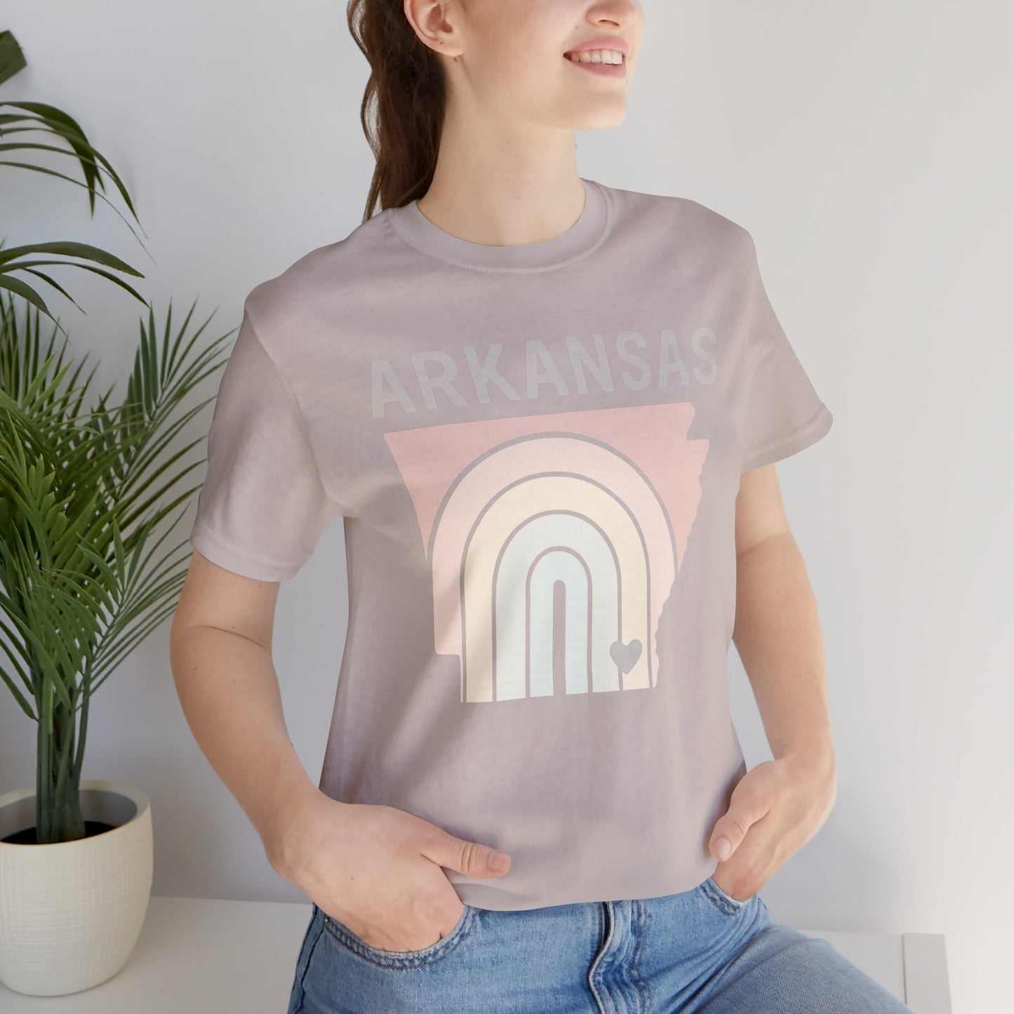 Pastel Arkansas Rainbow Tee- Bella + Canvas 3001 | Soft Southern Graphic T-Shirt | Arkansas Girl Unisex Short Sleeve Tee, Cute Southern T-Shirt, Casual Wear, Gifts for Her, Arkansas Pride Shirt, Summer Style