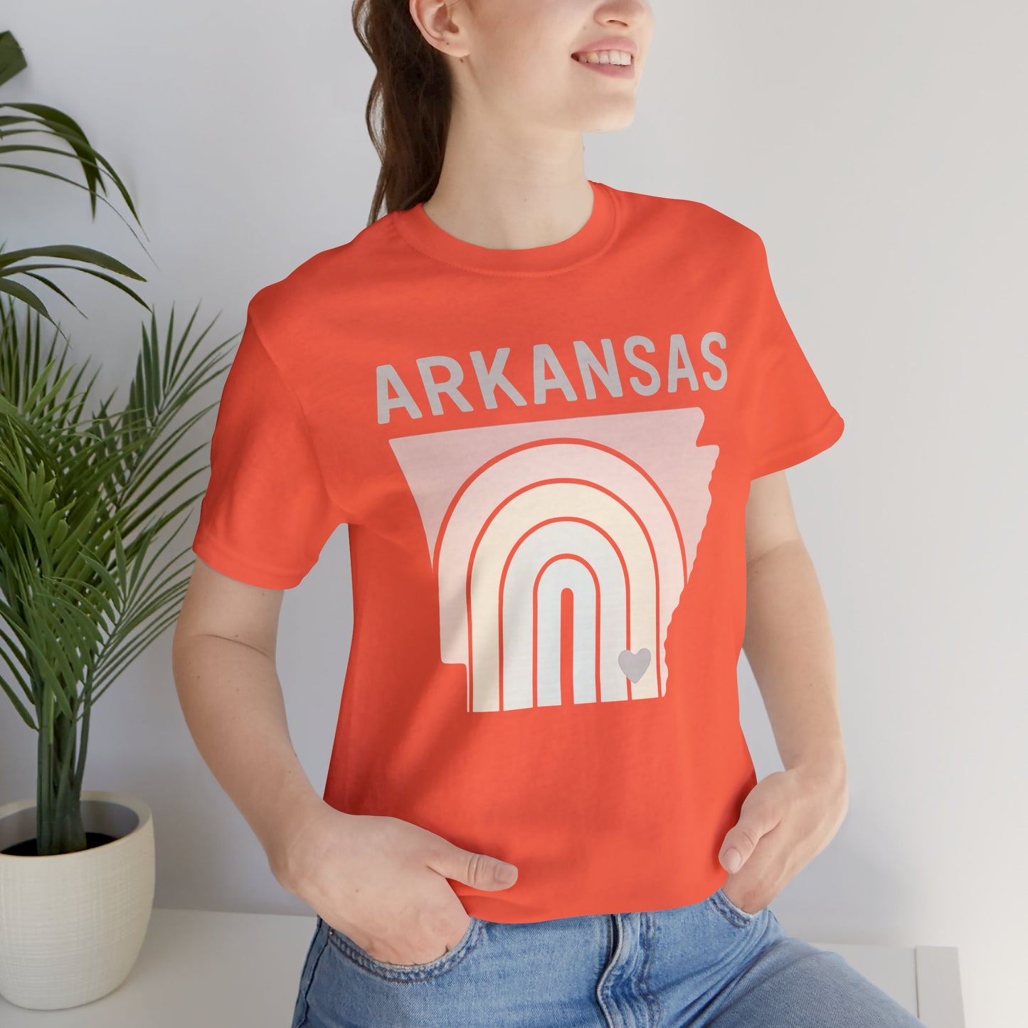 Pastel Arkansas Rainbow Tee- Bella + Canvas 3001 | Soft Southern Graphic T-Shirt | Arkansas Girl Unisex Short Sleeve Tee, Cute Southern T-Shirt, Casual Wear, Gifts for Her, Arkansas Pride Shirt, Summer Style