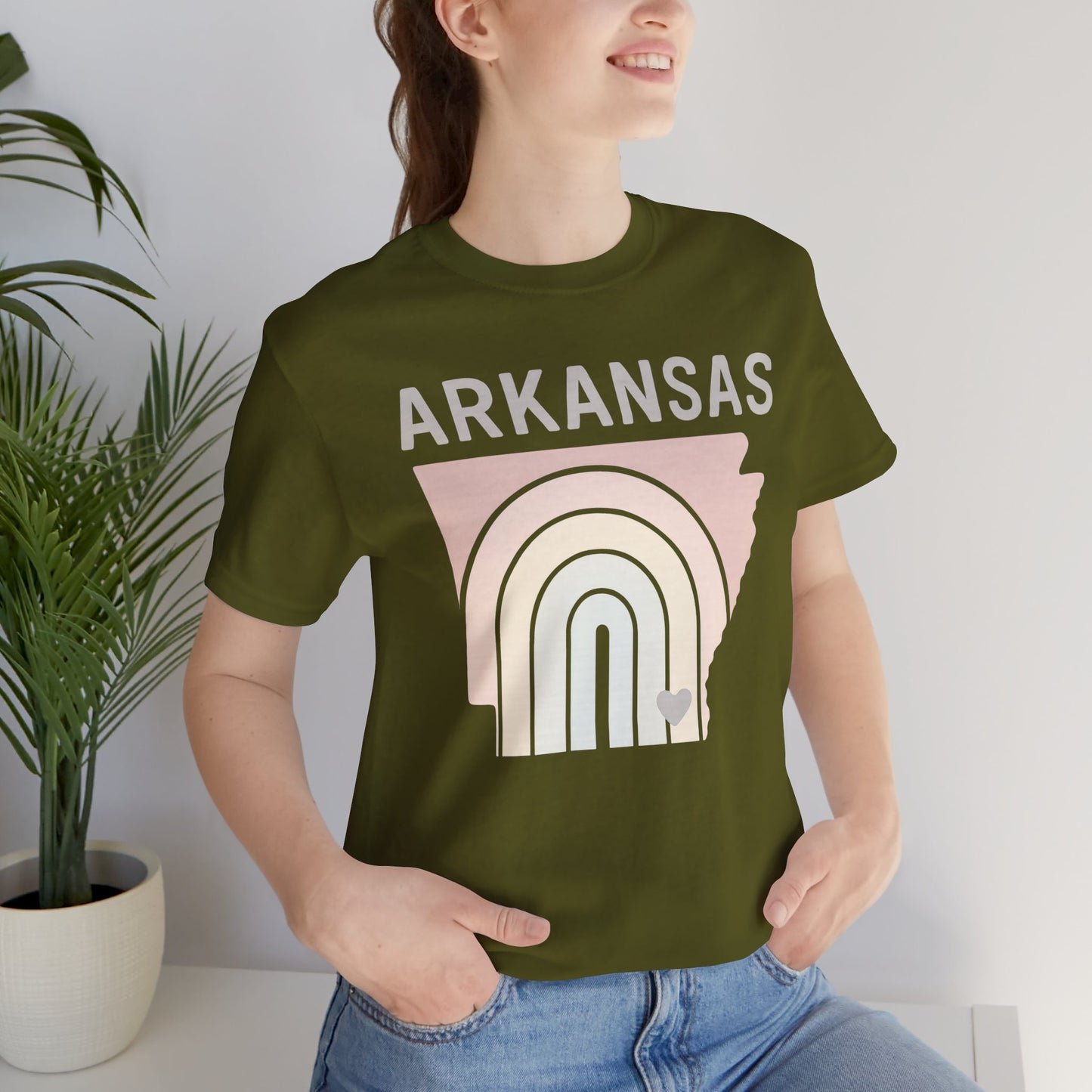 Pastel Arkansas Rainbow Tee- Bella + Canvas 3001 | Soft Southern Graphic T-Shirt | Arkansas Girl Unisex Short Sleeve Tee, Cute Southern T-Shirt, Casual Wear, Gifts for Her, Arkansas Pride Shirt, Summer Style