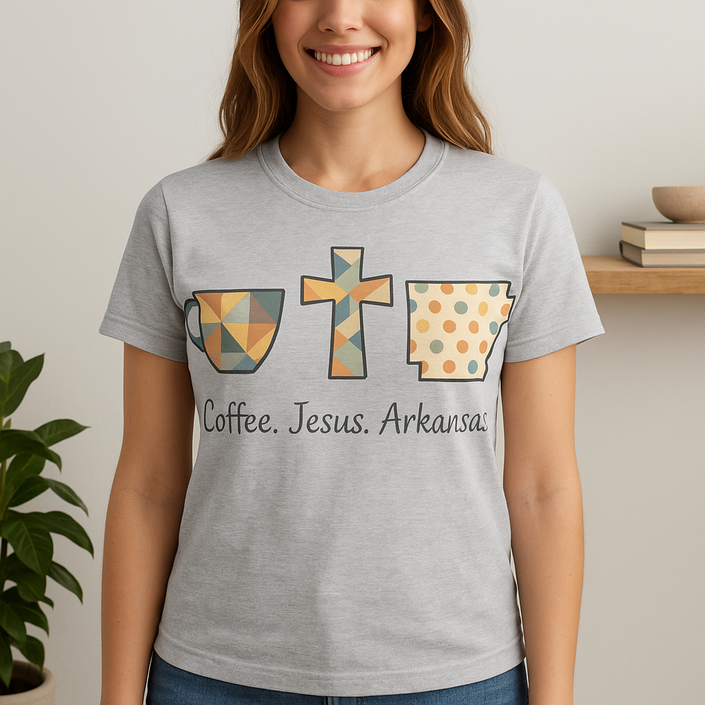 Coffee. Jesus. Arkansas. Southern Faith T-Shirt | Bella Canvas | Rooted South Threads