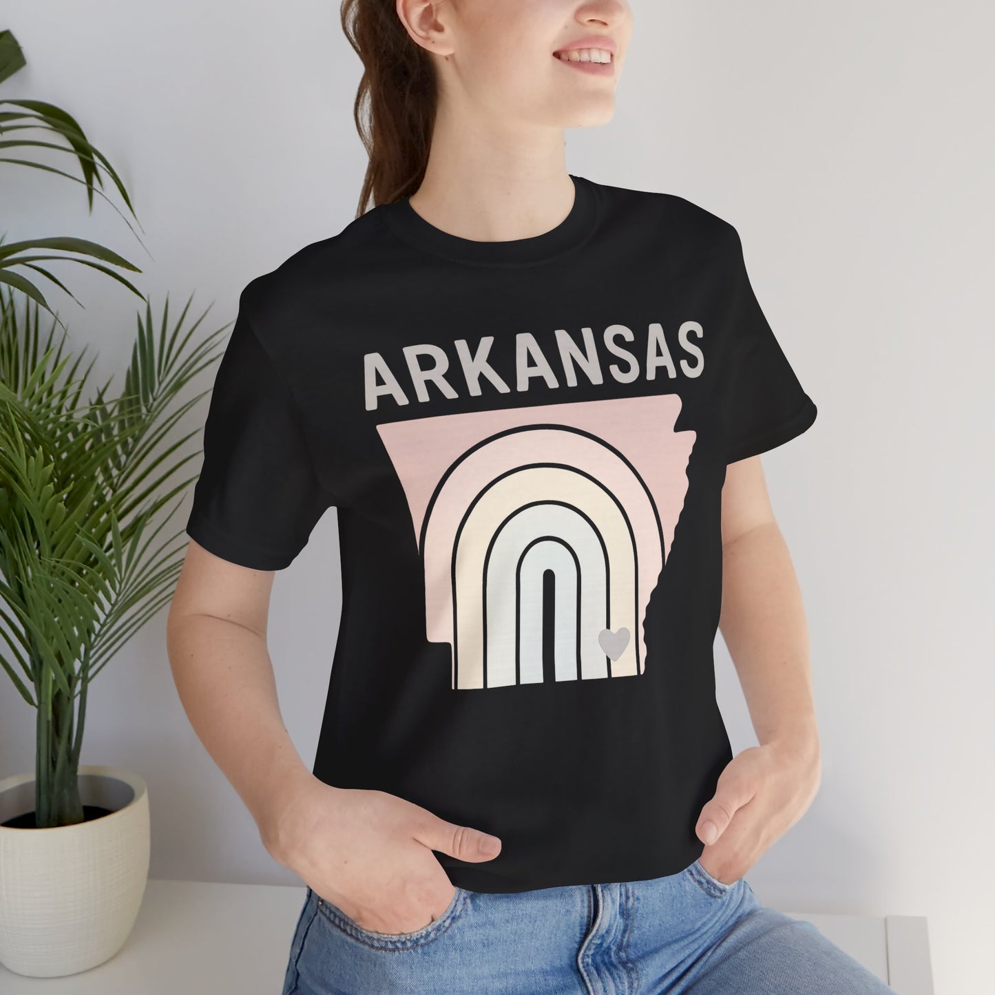 Pastel Arkansas Rainbow Tee- Bella + Canvas 3001 | Soft Southern Graphic T-Shirt | Arkansas Girl Unisex Short Sleeve Tee, Cute Southern T-Shirt, Casual Wear, Gifts for Her, Arkansas Pride Shirt, Summer Style