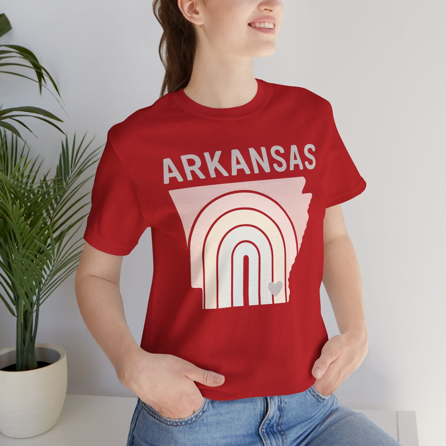 Pastel Arkansas Rainbow Tee- Bella + Canvas 3001 | Soft Southern Graphic T-Shirt | Arkansas Girl Unisex Short Sleeve Tee, Cute Southern T-Shirt, Casual Wear, Gifts for Her, Arkansas Pride Shirt, Summer Style