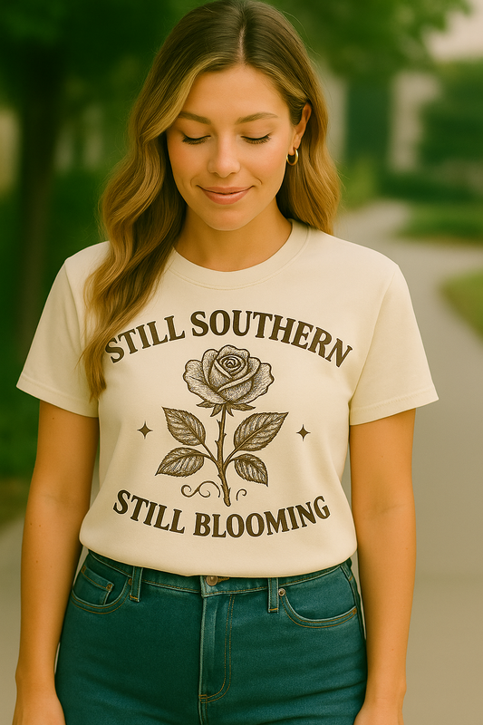 Still Southern Still Blooming Tee – Vintage Rose Graphic Southern Shirt