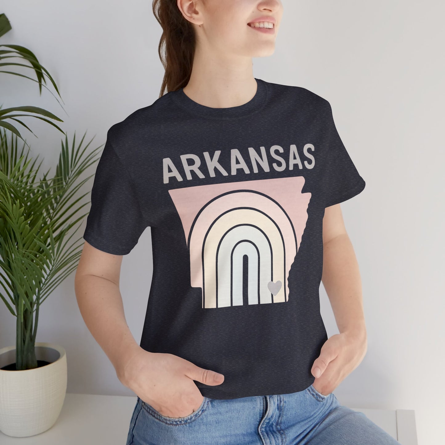 Pastel Arkansas Rainbow Tee- Bella + Canvas 3001 | Soft Southern Graphic T-Shirt | Arkansas Girl Unisex Short Sleeve Tee, Cute Southern T-Shirt, Casual Wear, Gifts for Her, Arkansas Pride Shirt, Summer Style