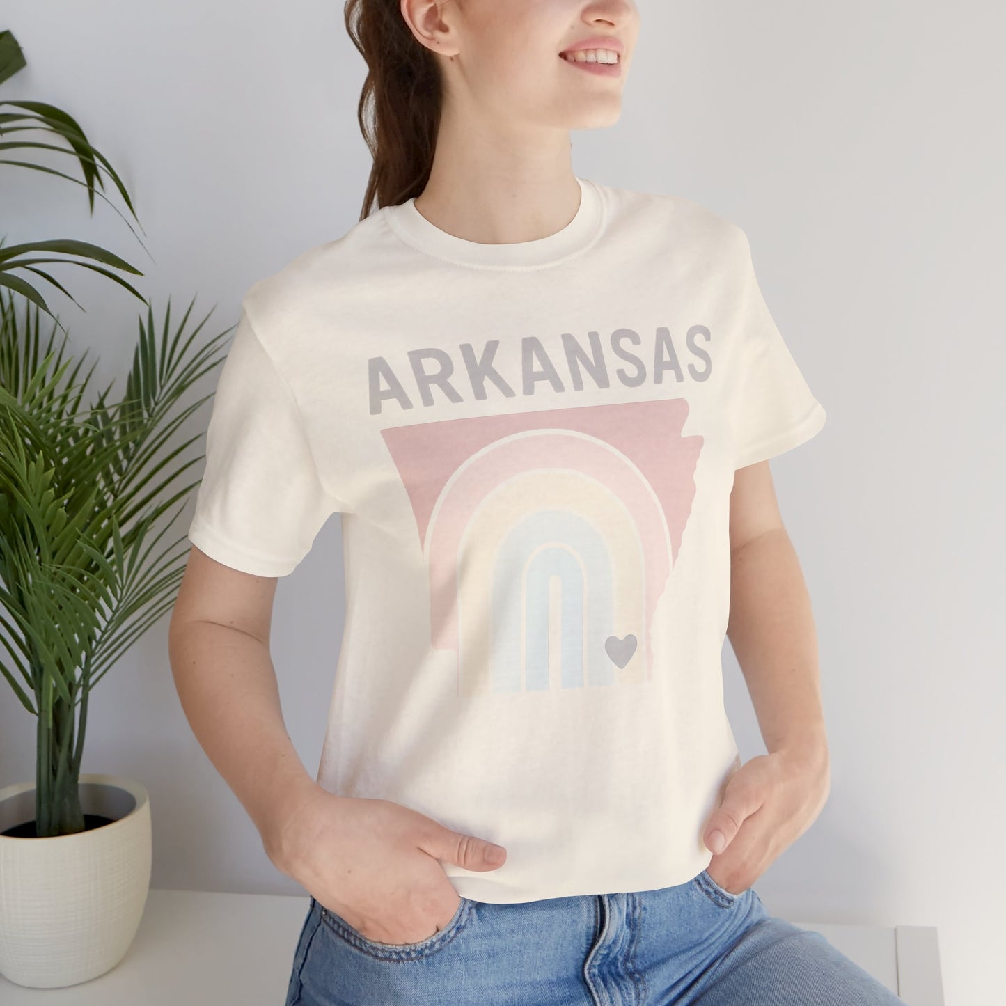 Pastel Arkansas Rainbow Tee- Bella + Canvas 3001 | Soft Southern Graphic T-Shirt | Arkansas Girl Unisex Short Sleeve Tee, Cute Southern T-Shirt, Casual Wear, Gifts for Her, Arkansas Pride Shirt, Summer Style