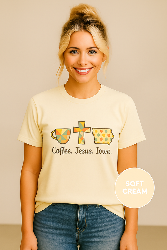 Coffee. Jesus. Iowa. Southern Faith T-Shirt | Bella Canvas | Rooted South Threads