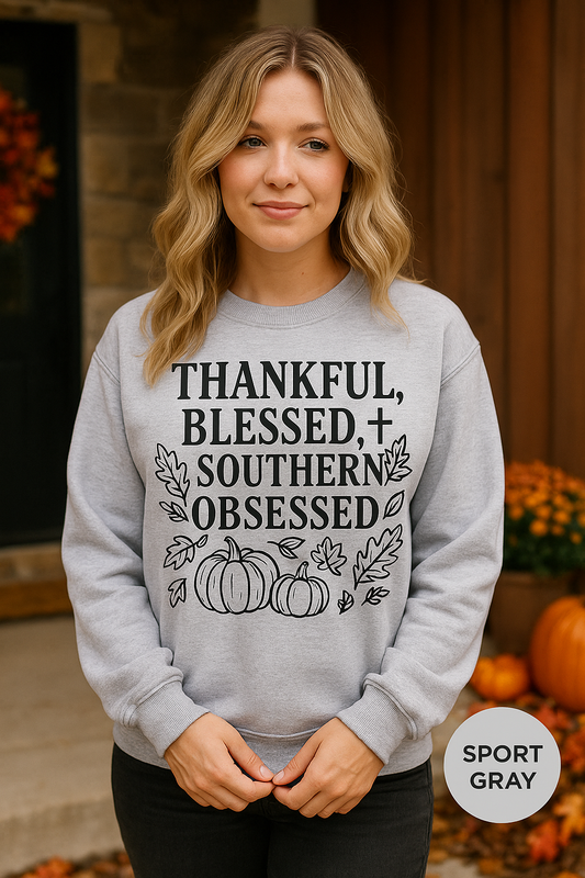 Thankful Blessed & Southern Obsessed Sweatshirt – Fall Christian Crewneck, Thanksgiving Pumpkin Sweater, Southern Girl Faith Pullover