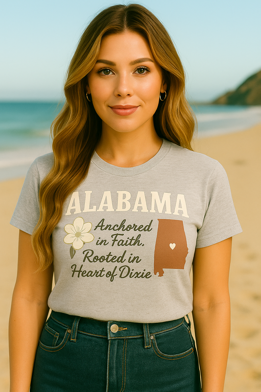 Alabama “Anchored in Faith” Southern Graphic Tee – Heart of Dixie Shirt for Women | Southern Faith Shirt | Alabama State Flower T-Shirt