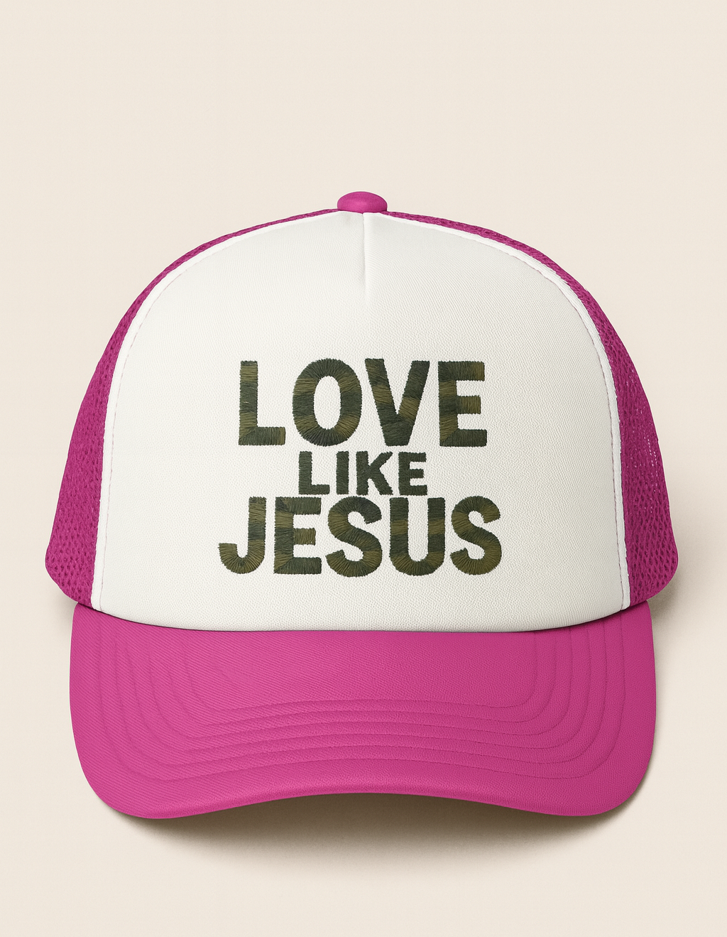Love Like Jesus Camo Christian Trucker Hat | Faith Embroidered Baseball Cap | Rooted South Threads