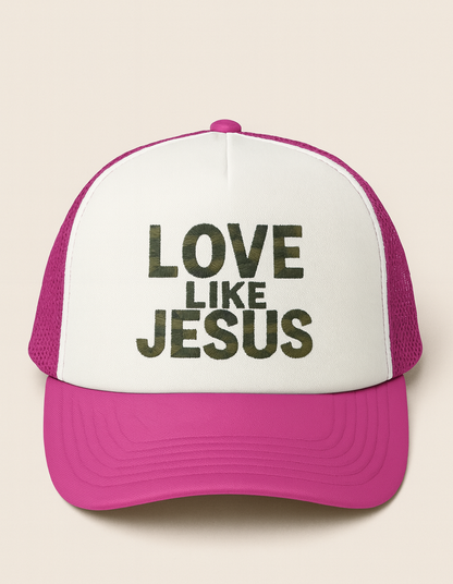 Love Like Jesus Camo Christian Trucker Hat | Faith Embroidered Baseball Cap | Rooted South Threads