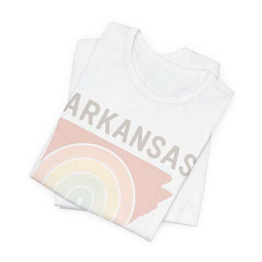 Pastel Arkansas Rainbow Tee- Bella + Canvas 3001 | Soft Southern Graphic T-Shirt | Arkansas Girl Unisex Short Sleeve Tee, Cute Southern T-Shirt, Casual Wear, Gifts for Her, Arkansas Pride Shirt, Summer Style