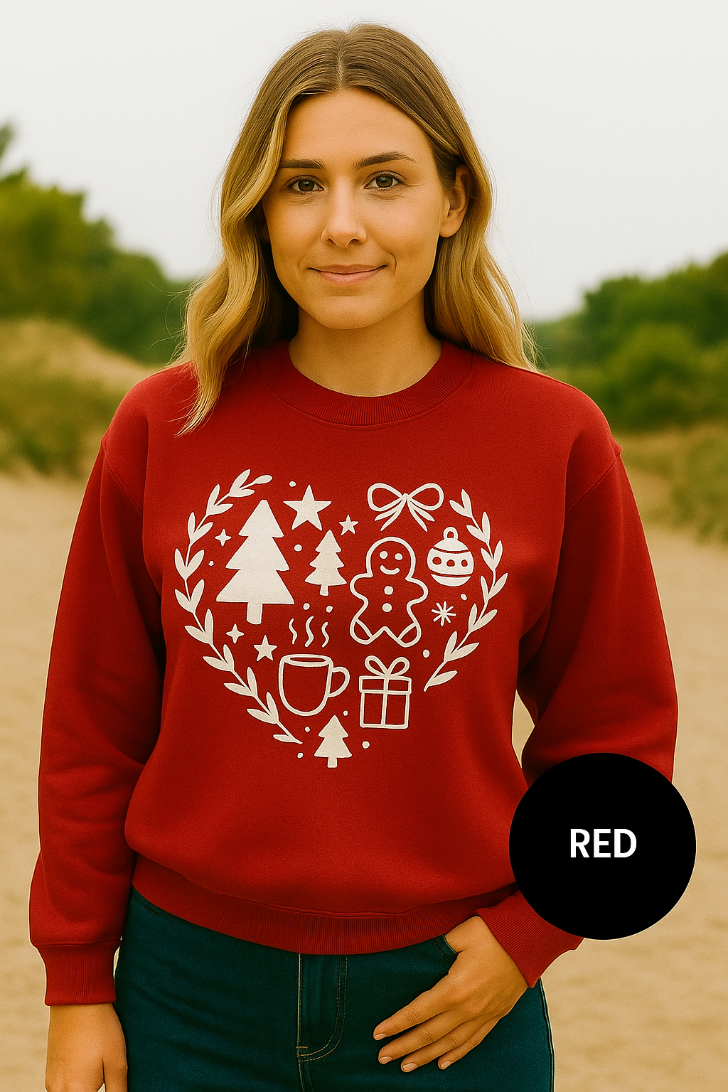 Christmas Heart Icons Sweatshirt – Cozy Holiday Crewneck | Gingerbread, Trees & Stocking Design | Gildan 18000