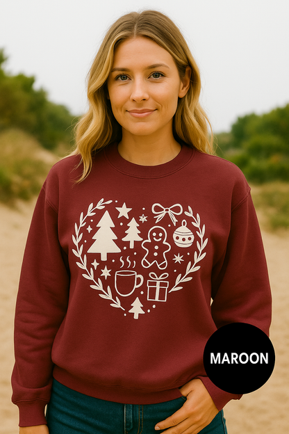 Christmas Heart Icons Sweatshirt – Cozy Holiday Crewneck | Gingerbread, Trees & Stocking Design | Gildan 18000