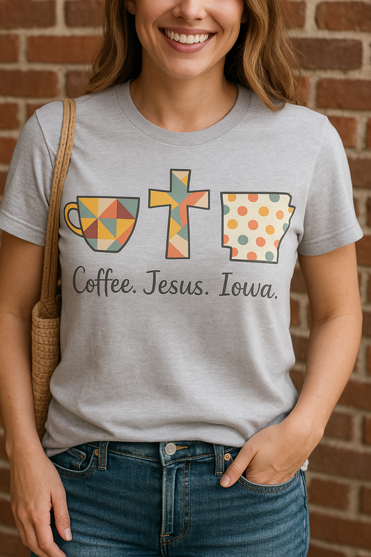 Coffee. Jesus. Iowa. Southern Faith T-Shirt | Bella Canvas | Rooted South Threads
