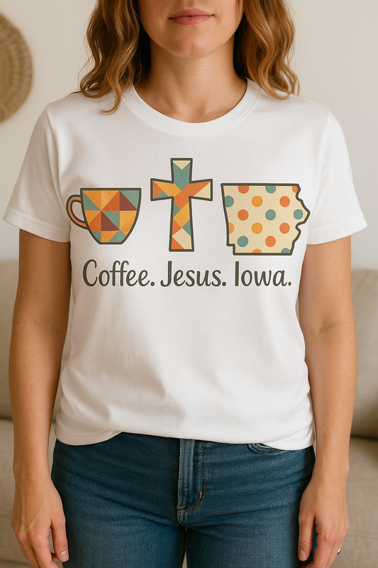 Coffee. Jesus. Iowa. Southern Faith T-Shirt | Bella Canvas | Rooted South Threads