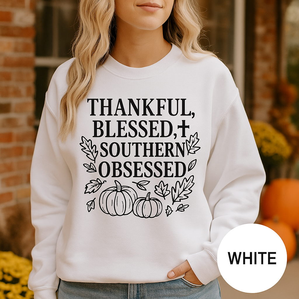 Thankful Blessed & Southern Obsessed Sweatshirt – Fall Christian Crewneck, Thanksgiving Pumpkin Sweater, Southern Girl Faith Pullover
