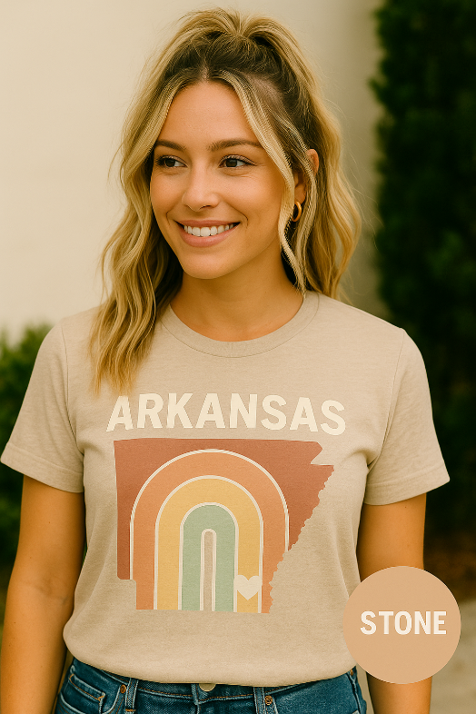 Pastel Arkansas Rainbow Tee- Bella + Canvas 3001 | Soft Southern Graphic T-Shirt | Arkansas Girl Shirt