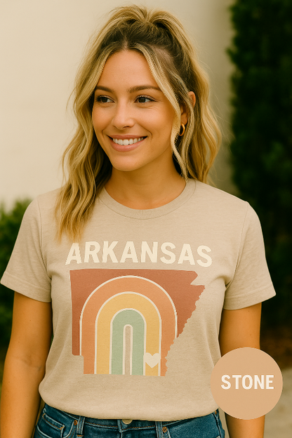 Pastel Arkansas Rainbow Tee- Bella + Canvas 3001 | Soft Southern Graphic T-Shirt | Arkansas Girl Shirt