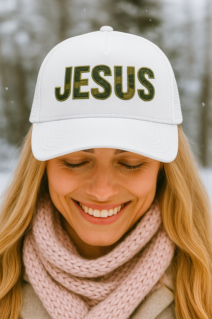 Camo JESUS Trucker Hat – Christian Faith Snapback Cap | Bold Religious Hat for Men & Women
