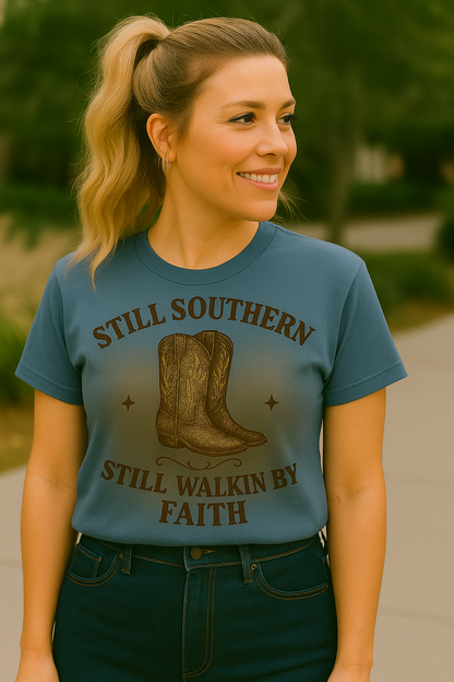 Still Southern Walkin’ By Faith Tee – Cowboy Boots Christian Shirt