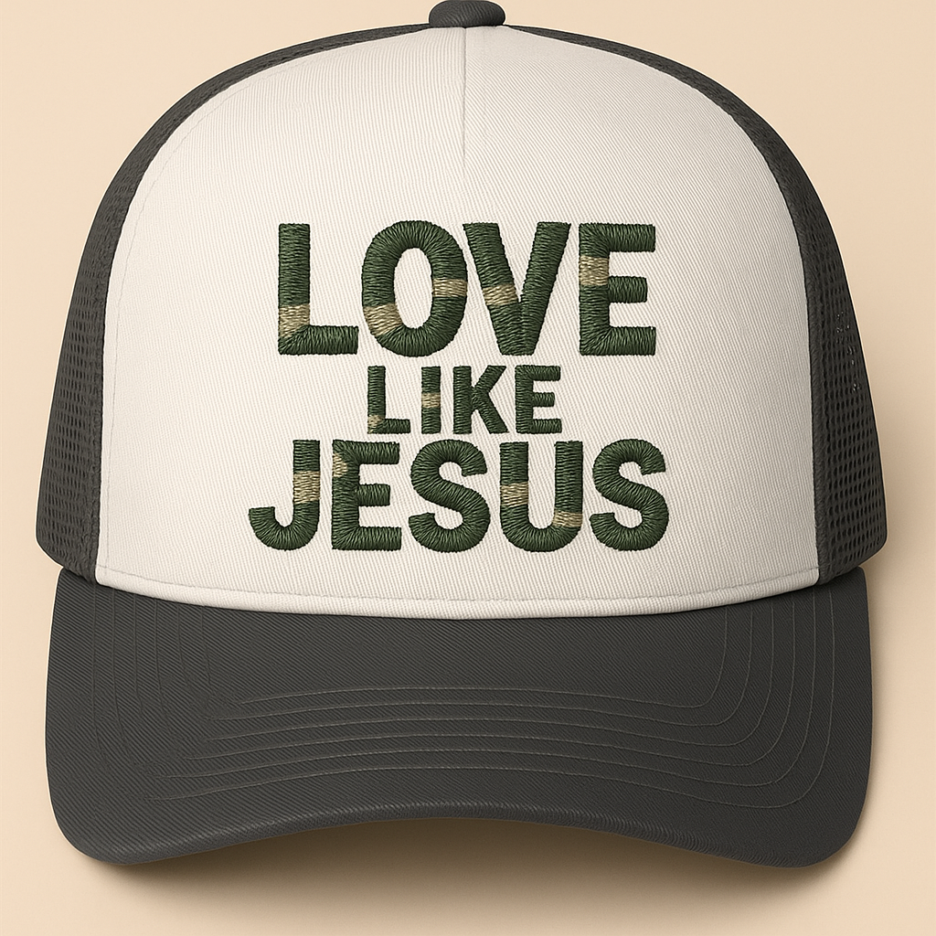 Love Like Jesus Camo Christian Trucker Hat | Faith Embroidered Baseball Cap | Rooted South Threads