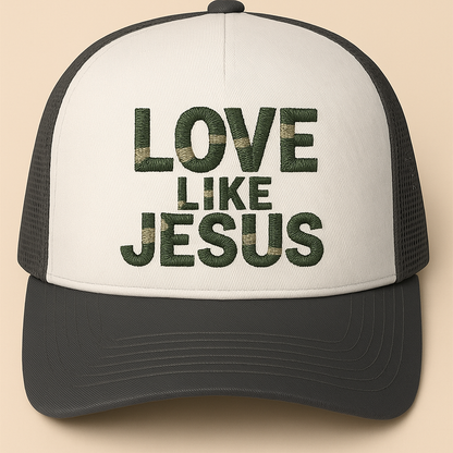 Love Like Jesus Camo Christian Trucker Hat | Faith Embroidered Baseball Cap | Rooted South Threads