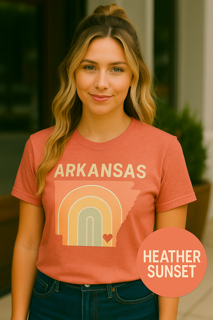 Pastel Arkansas Rainbow Tee- Bella + Canvas 3001 | Soft Southern Graphic T-Shirt | Arkansas Girl Shirt