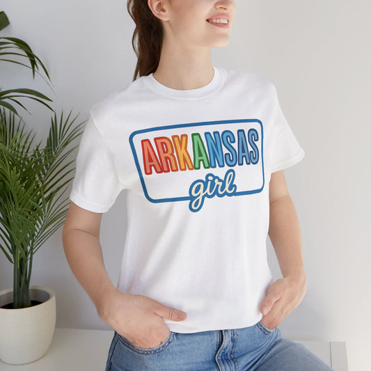 Arkansas Girl Heart Tee – Bella + Canvas 3001 | Soft Southern Graphic T-Shirt | Arkansas Girl Unisex Short Sleeve Tee, Cute Southern T-Shirt, Casual Wear, Gifts for Her, Arkansas Pride Shirt, Summer Style