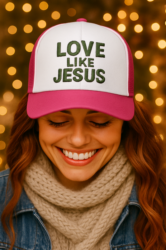 Love Like Jesus Camo Christian Trucker Hat | Faith Embroidered Baseball Cap | Rooted South Threads