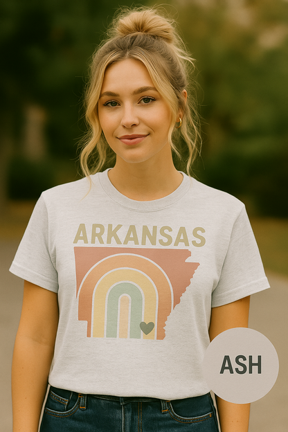 Pastel Arkansas Rainbow Tee- Bella + Canvas 3001 | Soft Southern Graphic T-Shirt | Arkansas Girl Shirt