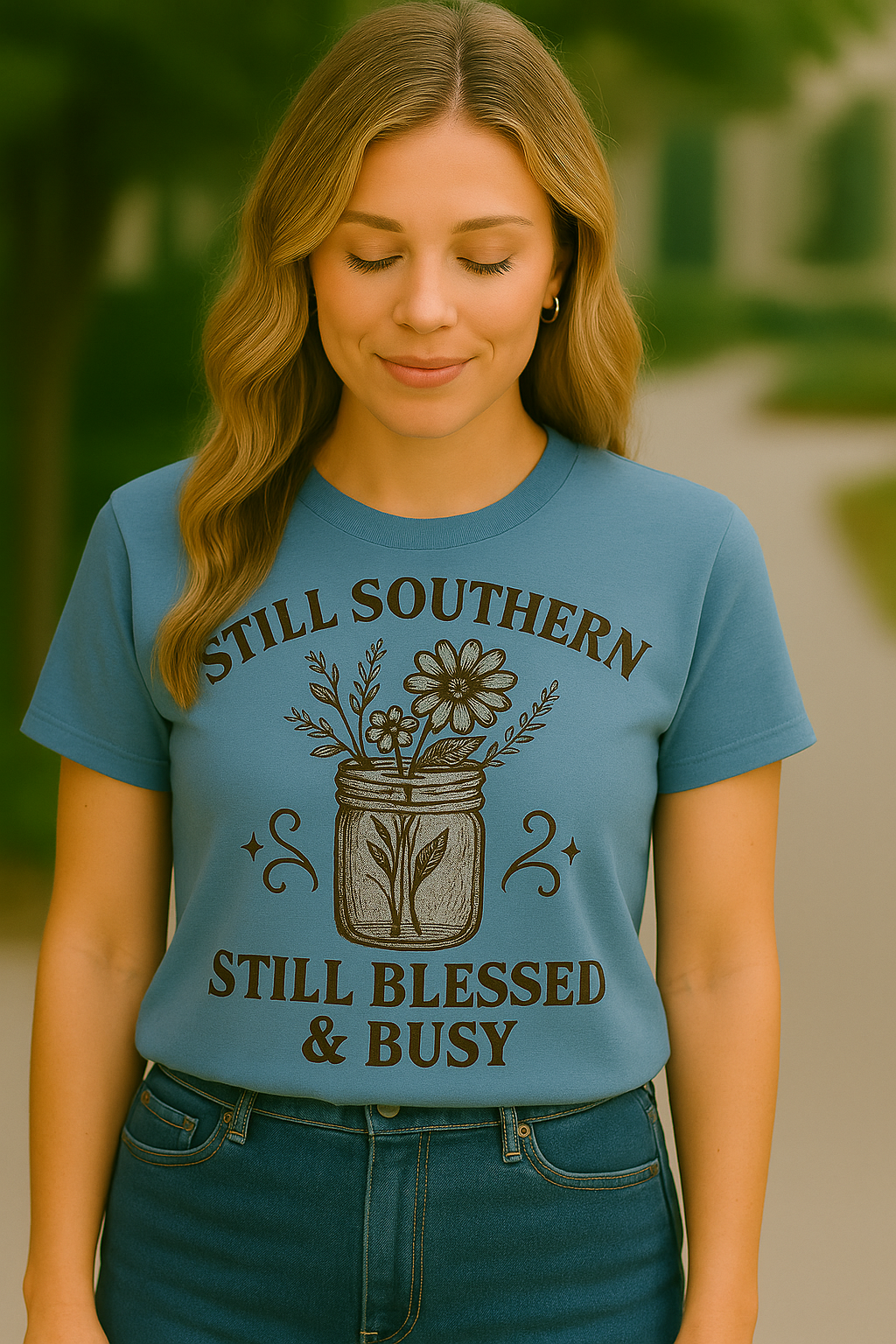Still Southern Blessed & Busy Tee – Mason Jar Floral Country Shirt