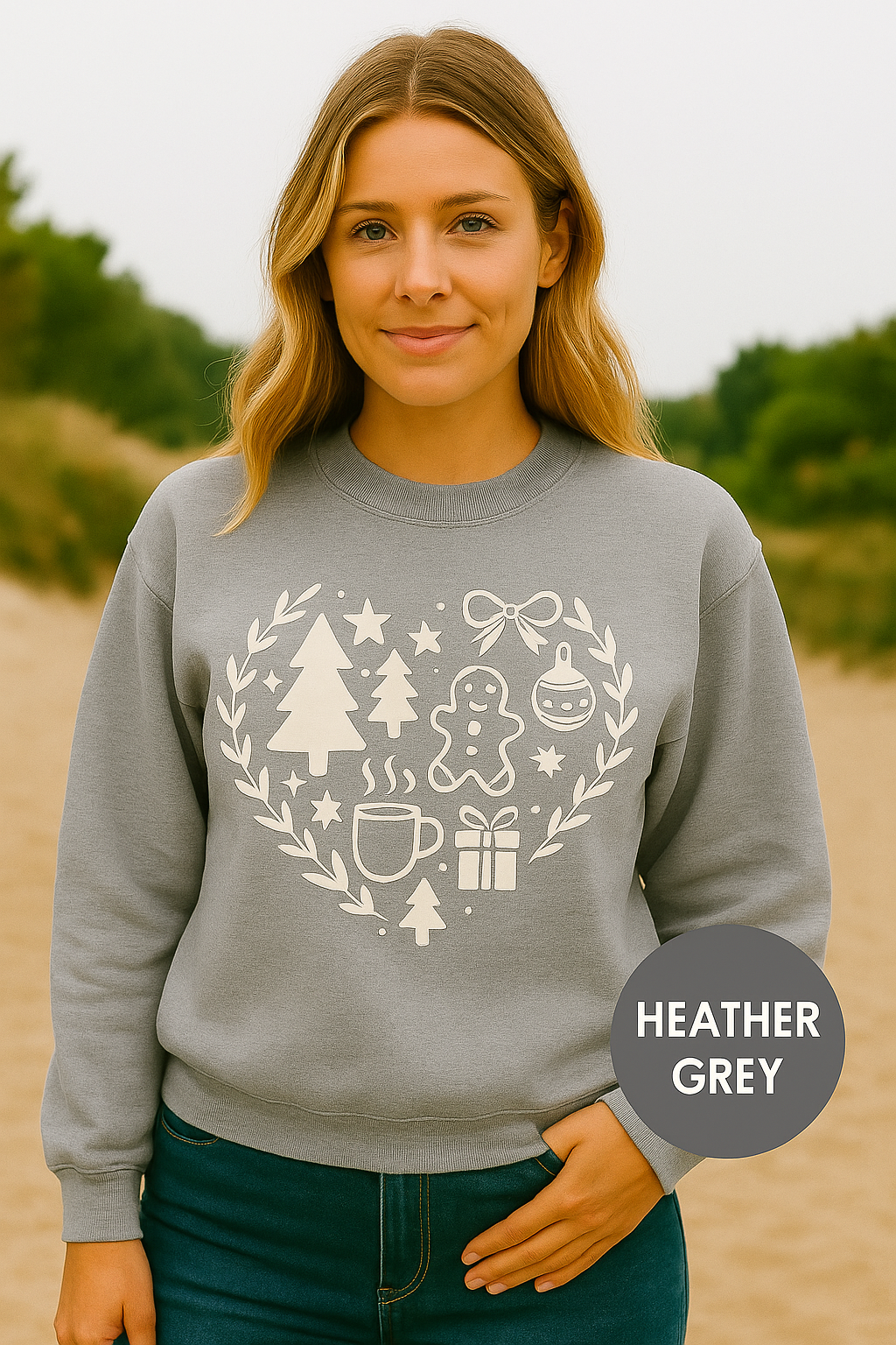 Christmas Heart Icons Sweatshirt – Cozy Holiday Crewneck | Gingerbread, Trees & Stocking Design | Gildan 18000