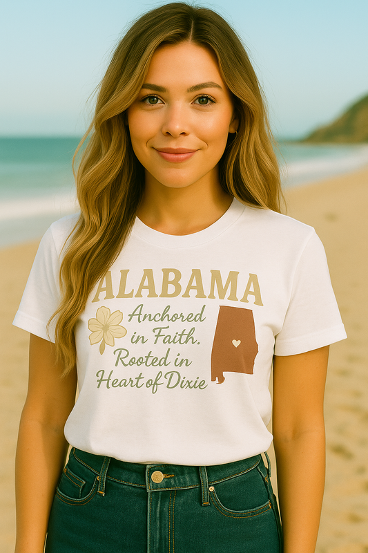 Alabama “Anchored in Faith” Southern Graphic Tee – Heart of Dixie Shirt for Women | Southern Faith Shirt | Alabama State Flower T-Shirt