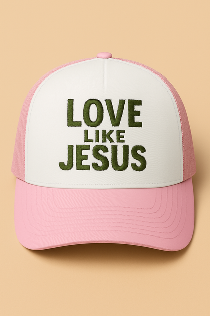 Love Like Jesus Camo Christian Trucker Hat | Faith Embroidered Baseball Cap | Rooted South Threads
