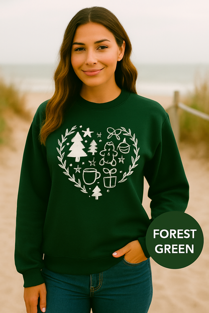 Christmas Heart Icons Sweatshirt – Cozy Holiday Crewneck | Gingerbread, Trees & Stocking Design | Gildan 18000