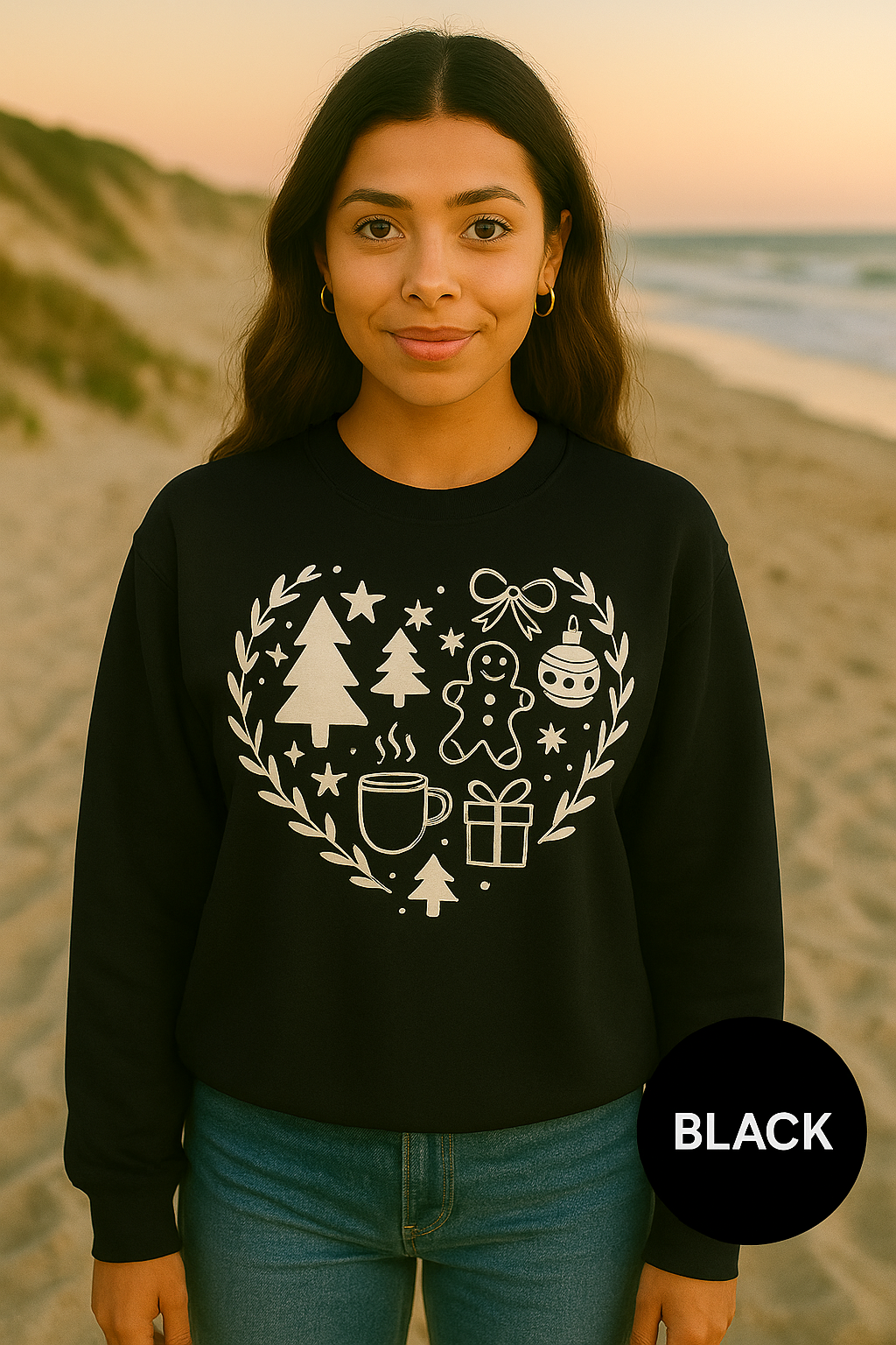 Christmas Heart Icons Sweatshirt – Cozy Holiday Crewneck | Gingerbread, Trees & Stocking Design | Gildan 18000