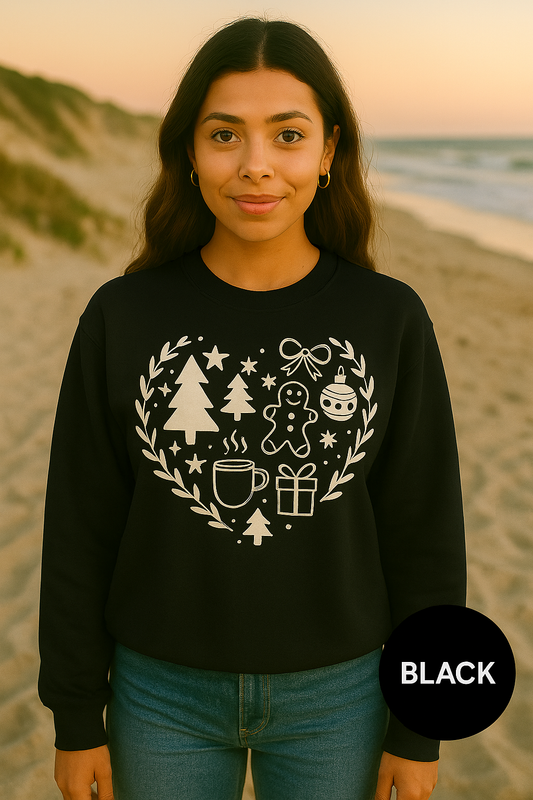 Christmas Heart Icons Sweatshirt – Cozy Holiday Crewneck | Gingerbread, Trees & Stocking Design | Gildan 18000