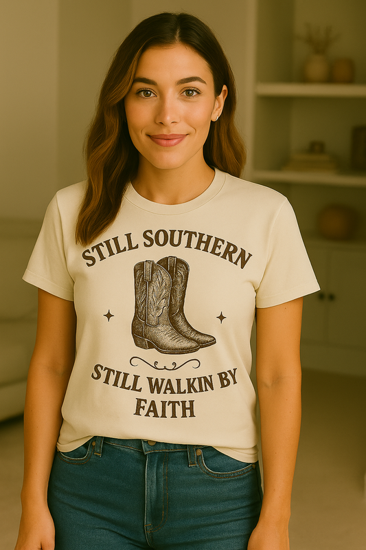 Still Southern Walkin’ By Faith Tee – Cowboy Boots Christian Shirt