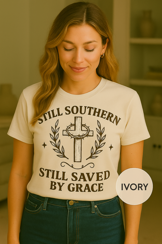Still Southern Still Saved by Grace Christian Tee – Comfort Colors | Southern Faith Shirt | Vintage Cross Graphic