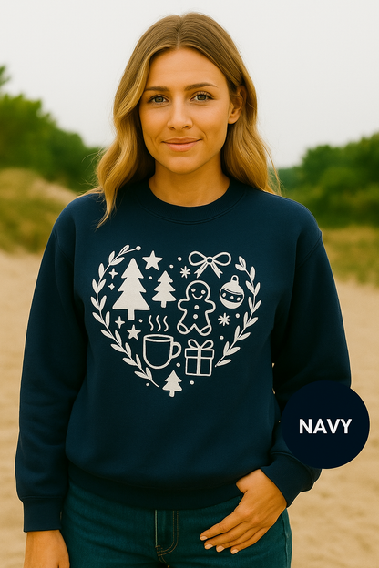 Christmas Heart Icons Sweatshirt – Cozy Holiday Crewneck | Gingerbread, Trees & Stocking Design | Gildan 18000
