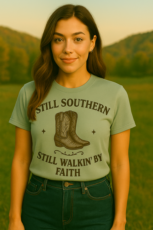 Still Southern Walkin’ By Faith Tee – Cowboy Boots Christian Shirt