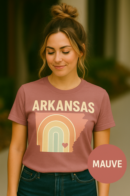 Pastel Arkansas Rainbow Tee- Bella + Canvas 3001 | Soft Southern Graphic T-Shirt | Arkansas Girl Shirt