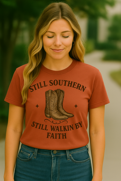 Still Southern Walkin’ By Faith Tee – Cowboy Boots Christian Shirt