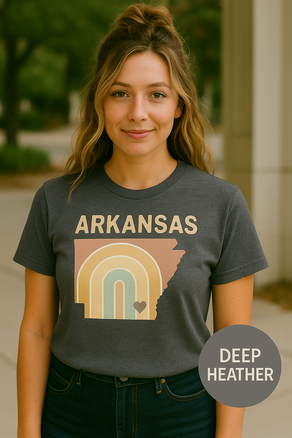 Pastel Arkansas Rainbow Tee- Bella + Canvas 3001 | Soft Southern Graphic T-Shirt | Arkansas Girl Shirt