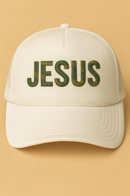 Camo JESUS Trucker Hat – Christian Faith Snapback Cap | Bold Religious Hat for Men & Women