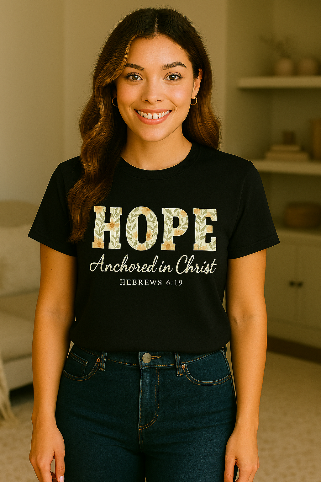 HOPE Christian T-Shirt | Anchored in Christ Hebrews 6:19 Floral Tee