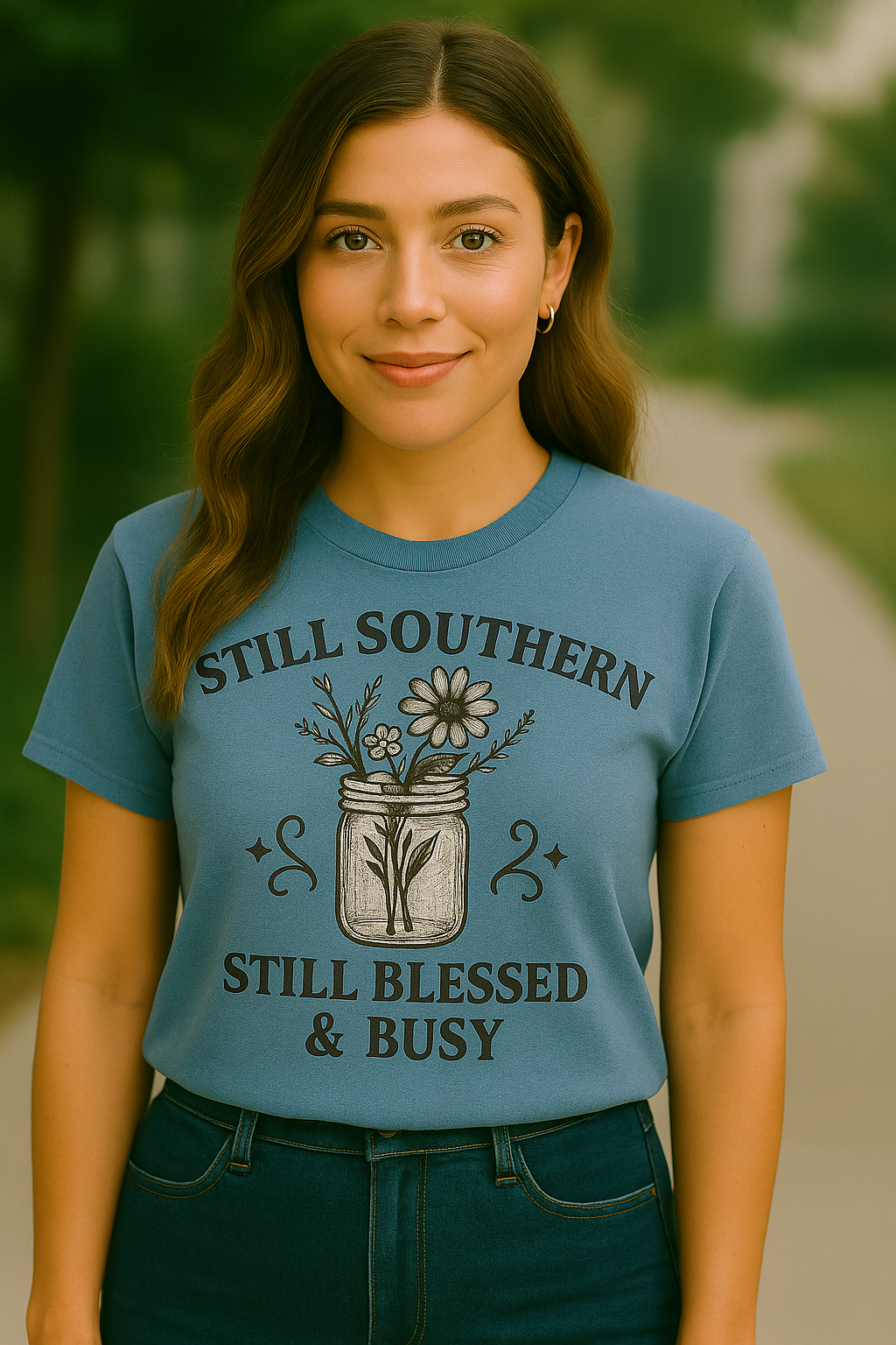 Still Southern Blessed & Busy Tee – Mason Jar Floral Country Shirt