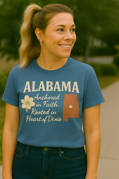 Alabama “Anchored in Faith” Southern Graphic Tee – Heart of Dixie Shirt for Women | Southern Faith Shirt | Alabama State Flower T-Shirt